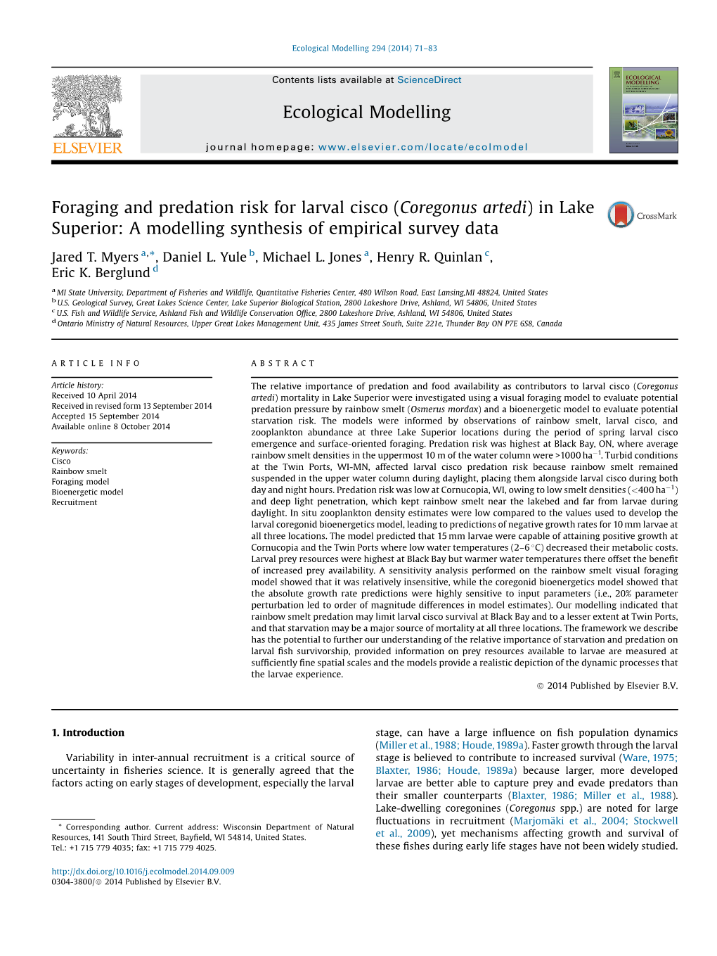 Foraging and Predation Risk for Larval Cisco (Coregonus Artedi) in Lake