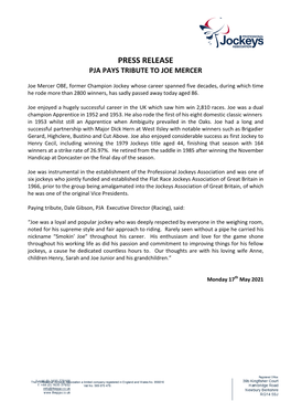 Press Release Pja Pays Tribute to Joe Mercer