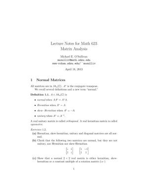 Lecture Notes for Math 623 Matrix Analysis