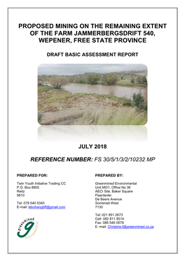 Proposed Mining on the Remaining Extent of the Farm Jammerbergsdrift 540, Wepener, Free State Province