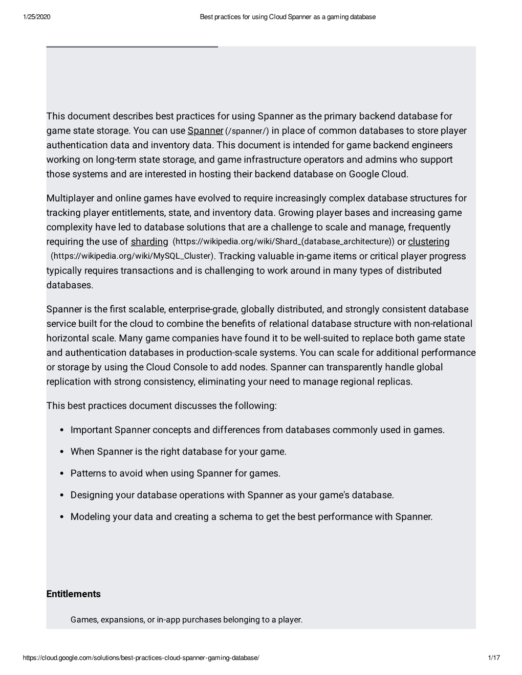 This Document Describes Best Practices for Using Spanner As the Primary Backend Database for Game State Storage