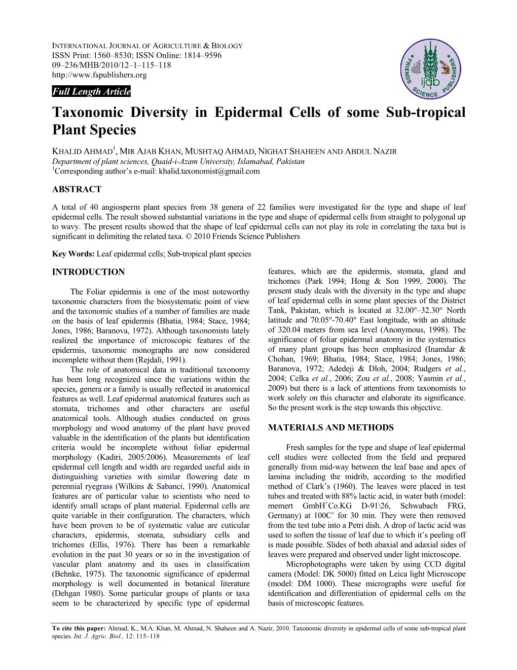 Taxonomic Diversity in Epidermal Cells of Some Sub-Tropical Plant Species