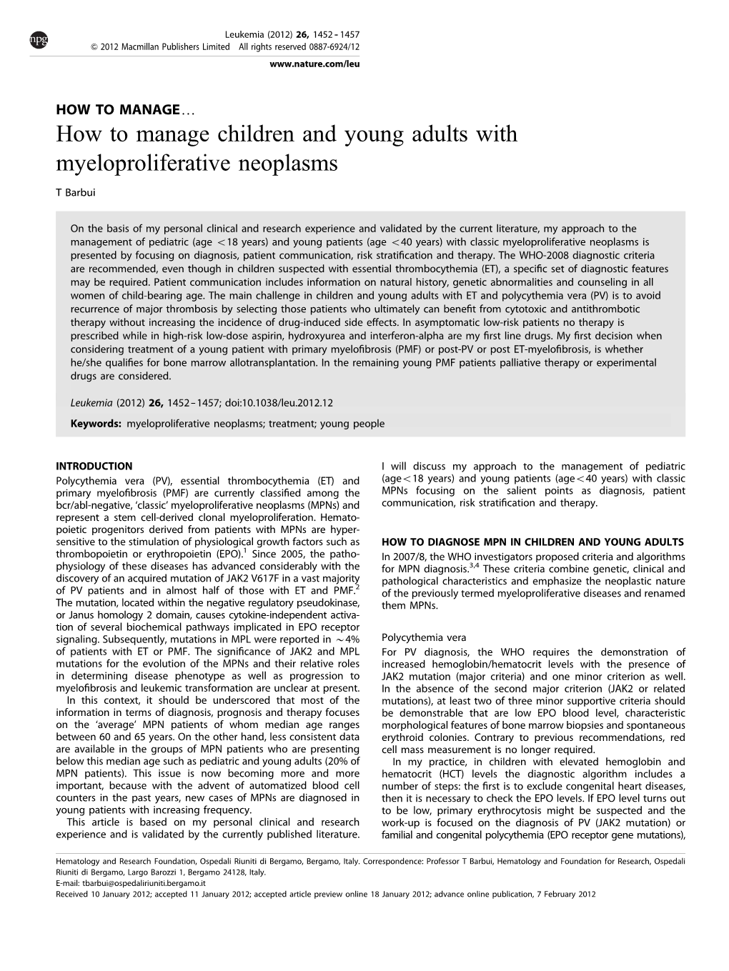 How to Manage Children and Young Adults with Myeloproliferative Neoplasms