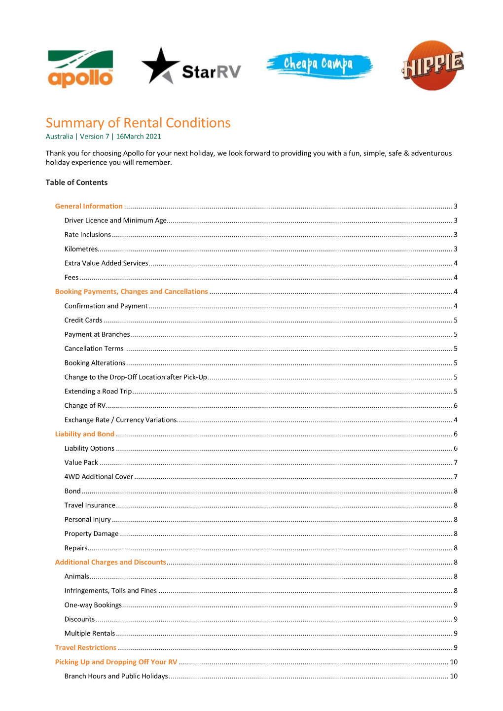 Summary of Rental Conditions Australia | Version 7 | 16March 2021