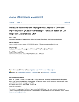 Molecular Taxonomy and Phylogenetic Analysis of Dove and Pigeon Species (Aves: Columbidae) of Pakistan, Based on COI Region of Mitochondrial DNA