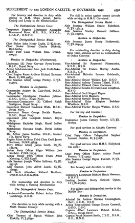 SUPPLEMENT to the LONDON GAZETTE, 17 NOVEMBER, 1942 49QI for Bravery and Devotion to Duty While for Skill in Action Against Enemy Aircraft Serving in H.M