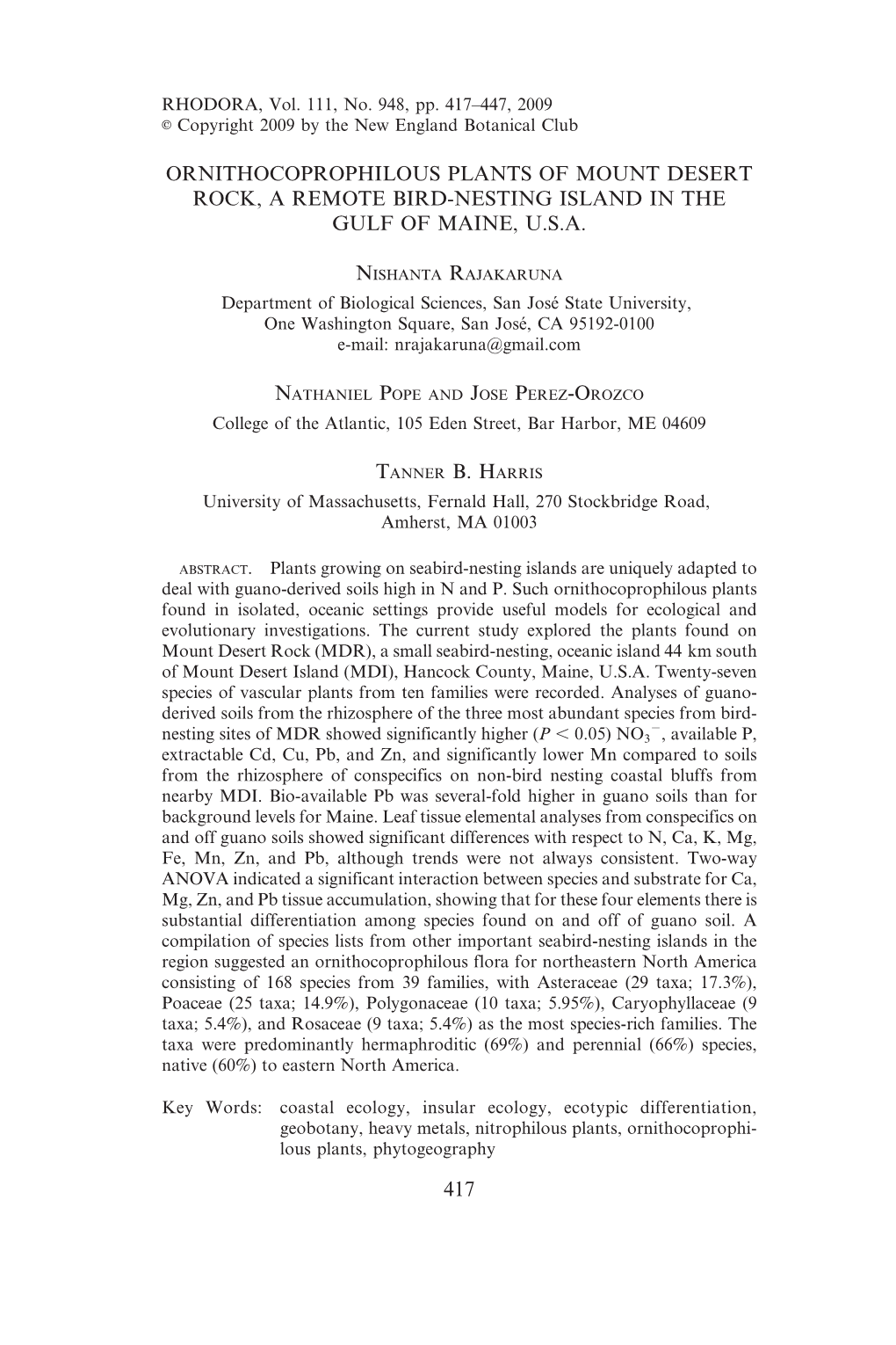 Ornithocoprophilous Plants of Mount Desert Rock, a Remote Bird-Nesting Island in the Gulf of Maine, U.S.A