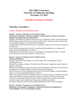 2011 ERIP Conference University of California, San Diego November 3-5, 2011 Schedule of Sessions and Panels Thursday, November 3
