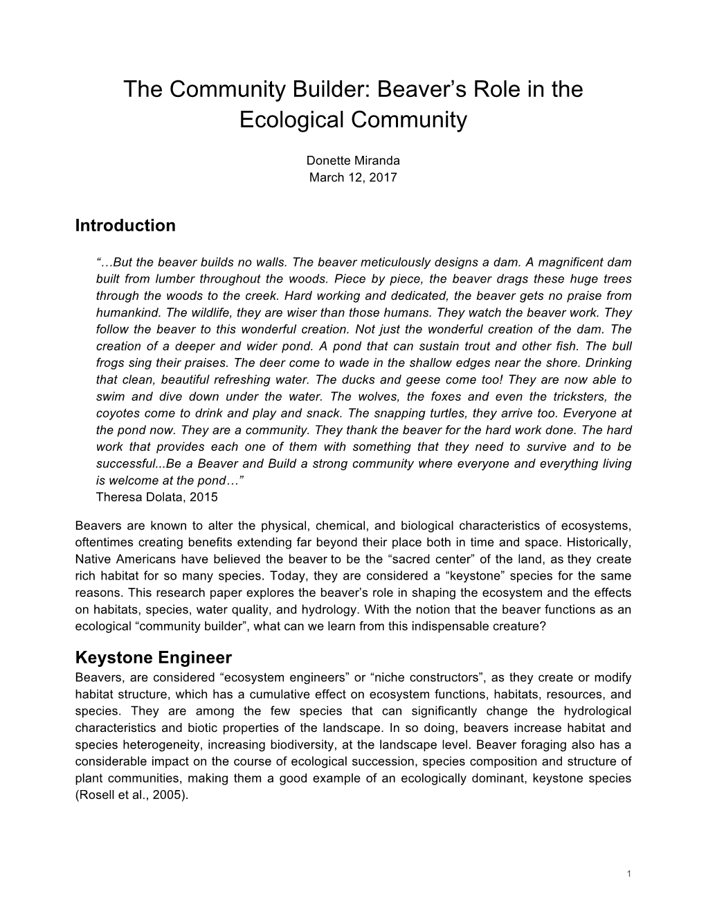 Beaver's Role in the Ecological Community