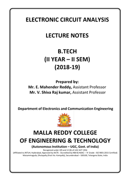 Electronic Circuit Analysis Lecture Notes B.Tech (Ii Year – Ii Sem) (2018-19)