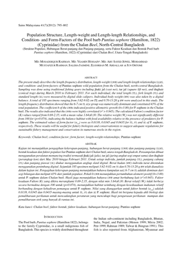 Population Structure, Length-Weight and Length-Length Relationships, and Condition- and Form-Factors of the Pool Barb Puntius So