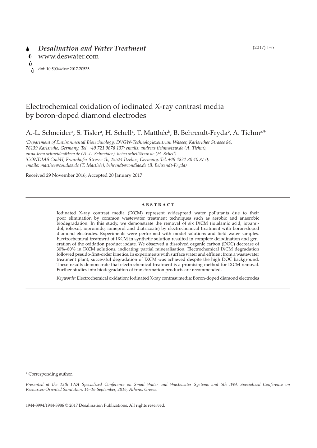 Electrochemical Oxidation of Iodinated X-Ray Contrast Media by Boron-Doped Diamond Electrodes