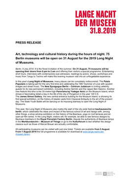 PRESS RELEASE Art, Technology and Cultural History During the Hours of Night. 75 Berlin Museums Will Be Open on 31 August for Th