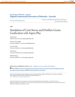 Simulation of Corn Stover and Distillers Grains Gasification with Aspen Plus Ajay Kumar Oklahoma State University, Ajay.Kumar@Okstate.Edu