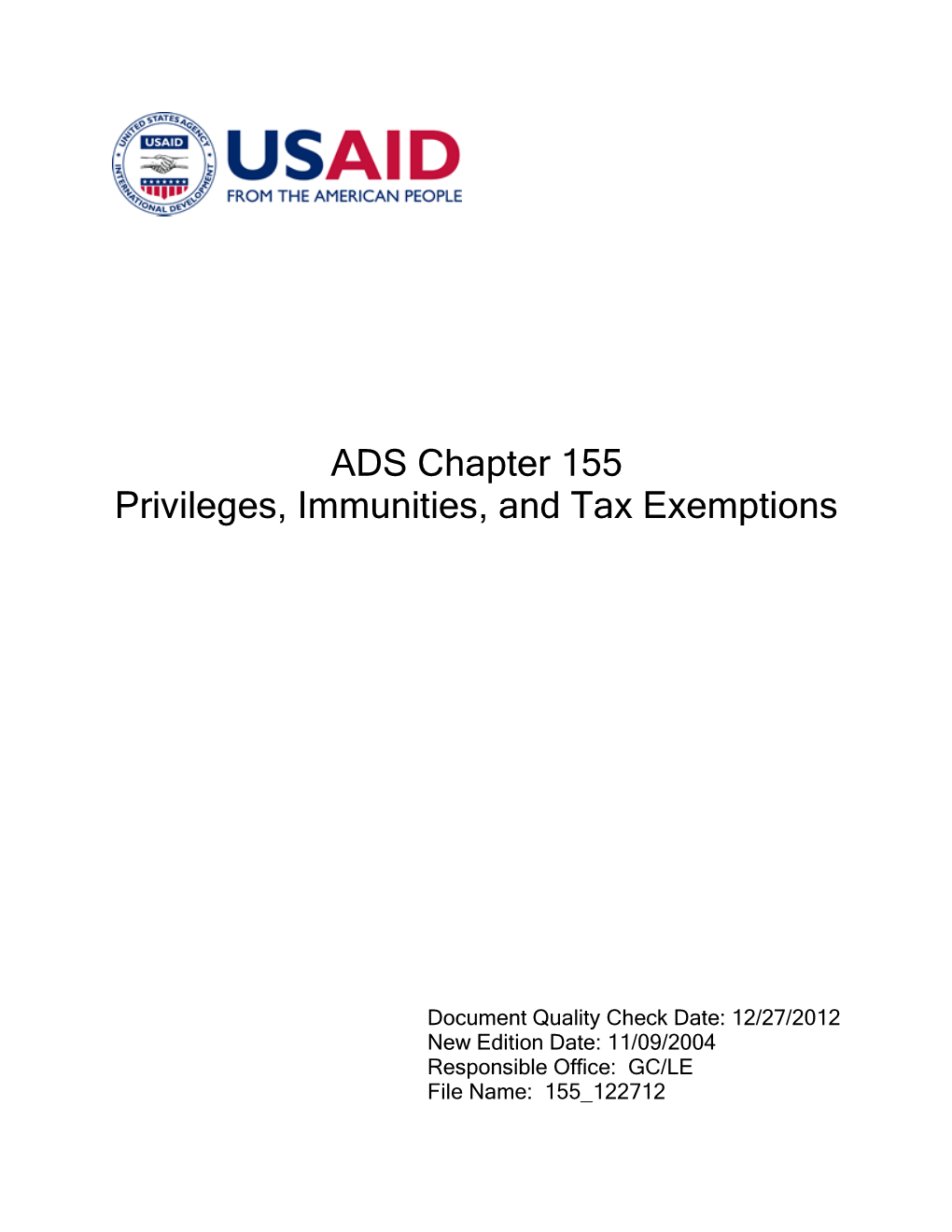 ADS Chapter 155 Privileges, Immunities, and Tax Exemptions