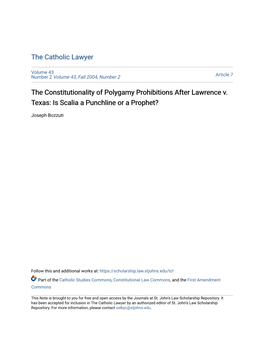 The Constitutionality of Polygamy Prohibitions After Lawrence V. Texas: Is Scalia a Punchline Or a Prophet?