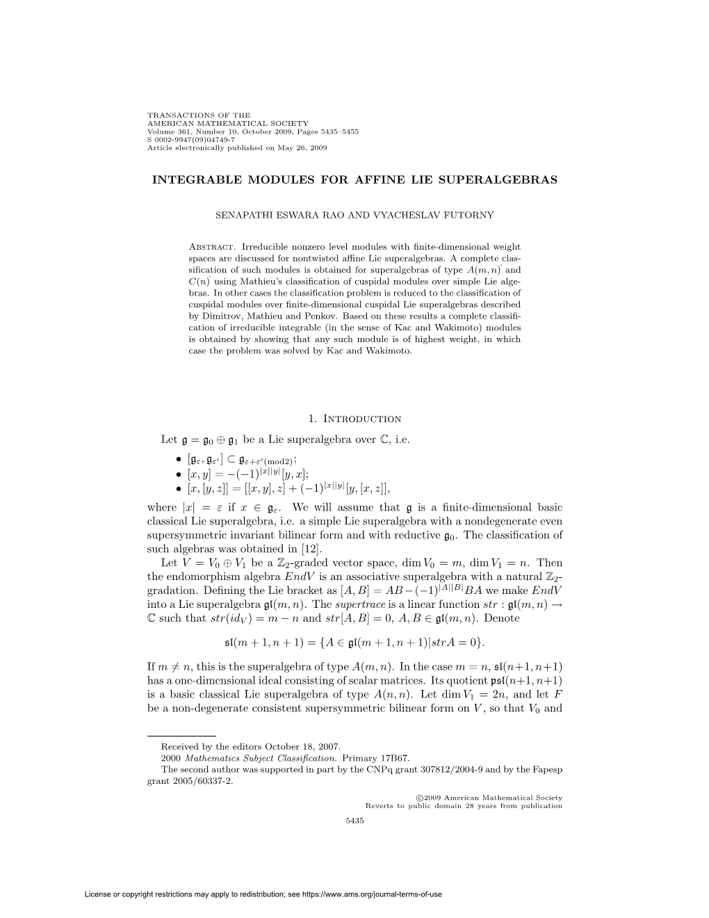 Integrable Modules for Affine Lie Superalgebras 1