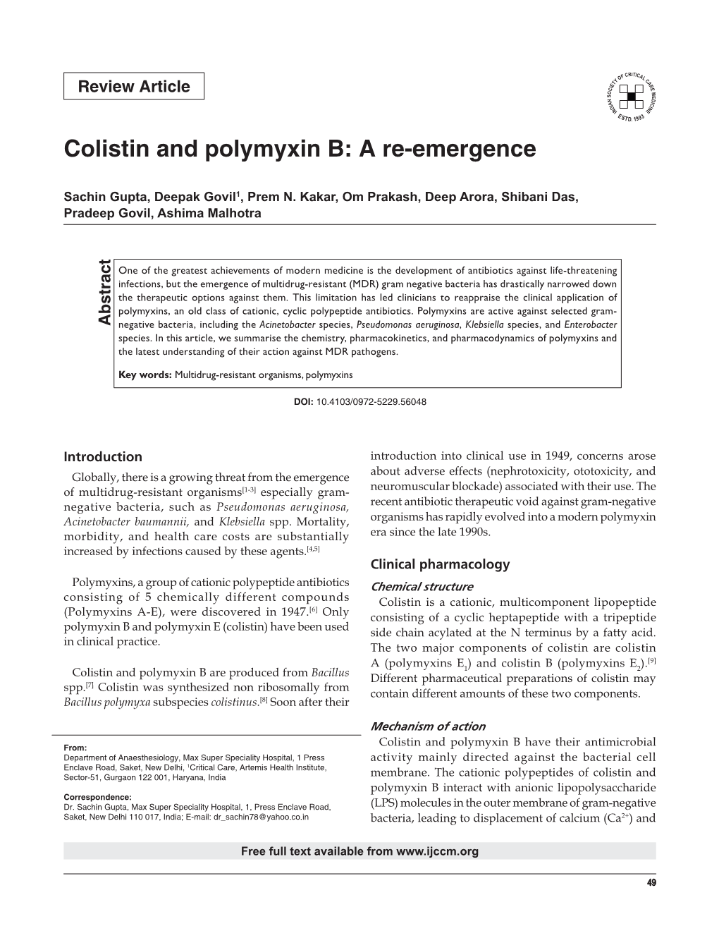 Colistin and Polymyxin B: a Re-Emergence