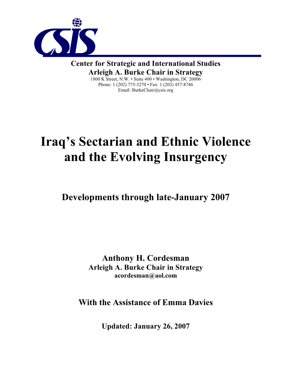 Iraq's Sectarian and Ethnic Violence and the Evolving Insurgency