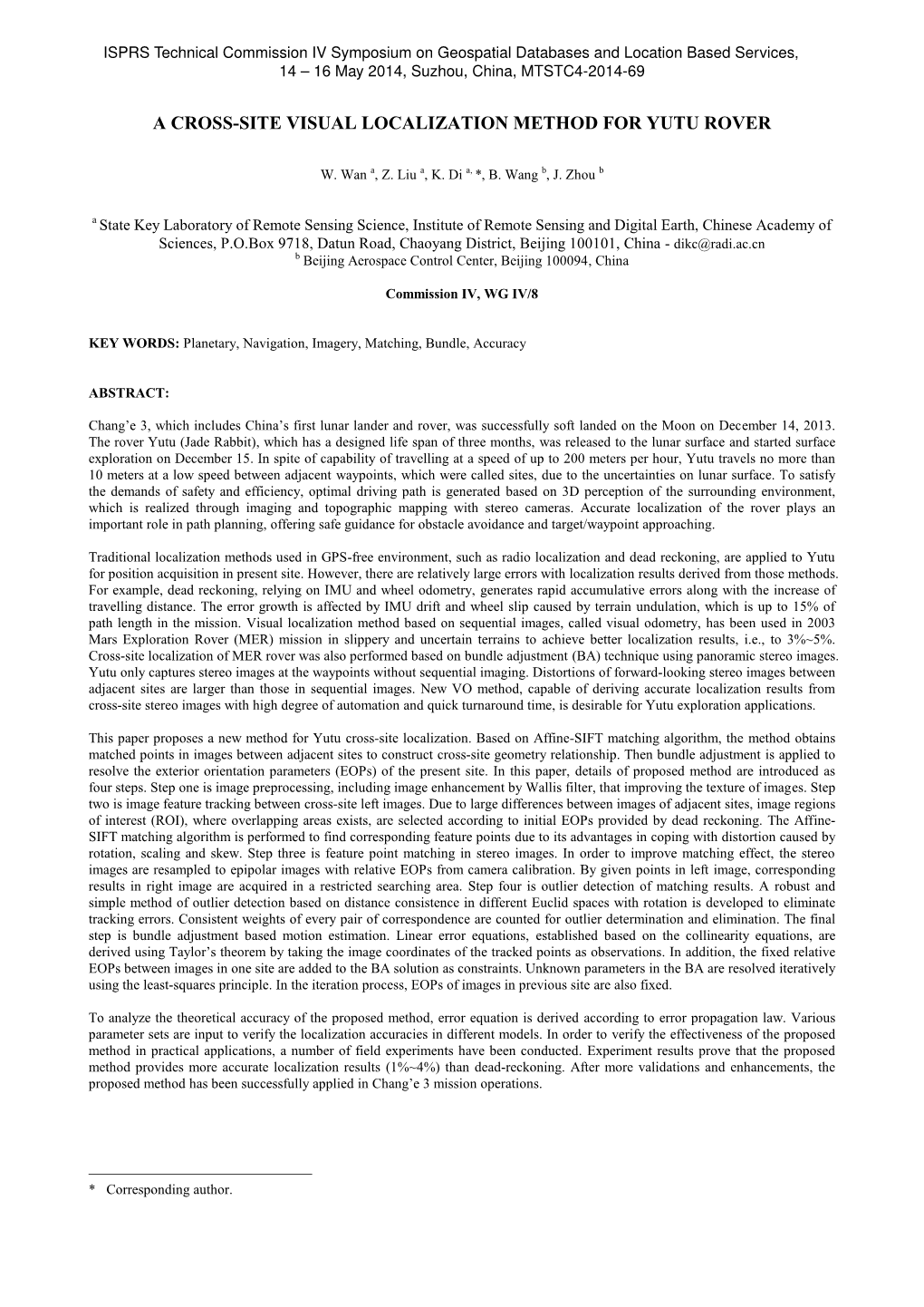 A Cross-Site Visual Localization Method for Yutu Rover