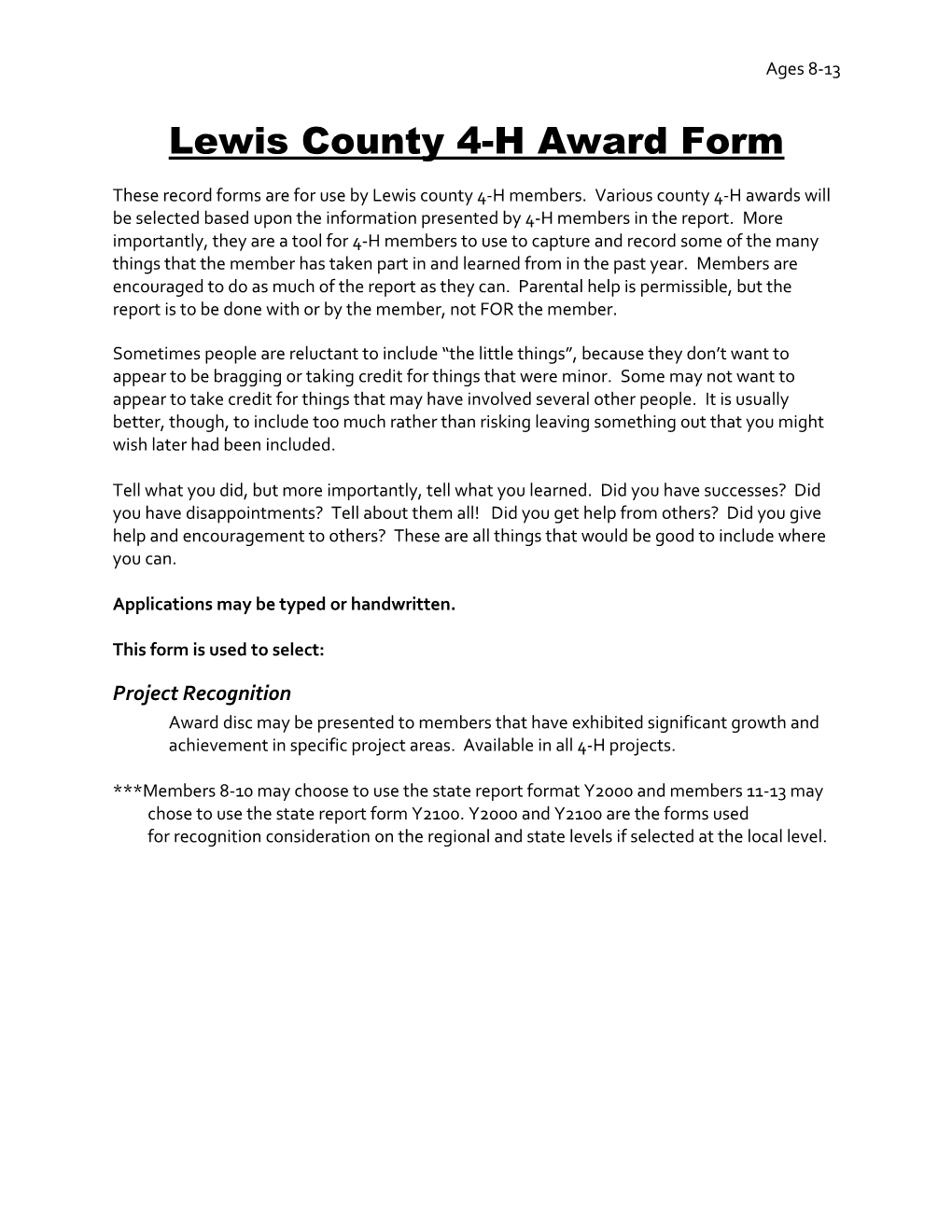 Lewis County 4-H Award Form