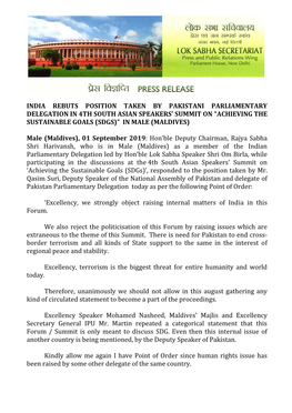 India Rebuts Position Taken by Pakistani Parliamentary Delegation in 4Th South Asian Speakers’ Summit on “Achieving the Sustainable Goals (Sdgs)” in Male (Maldives)
