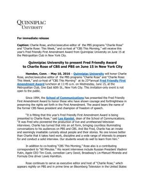 Quinnipiac University to Present Fred Friendly Award to Charlie Rose of CBS and PBS on June 15 in New York City
