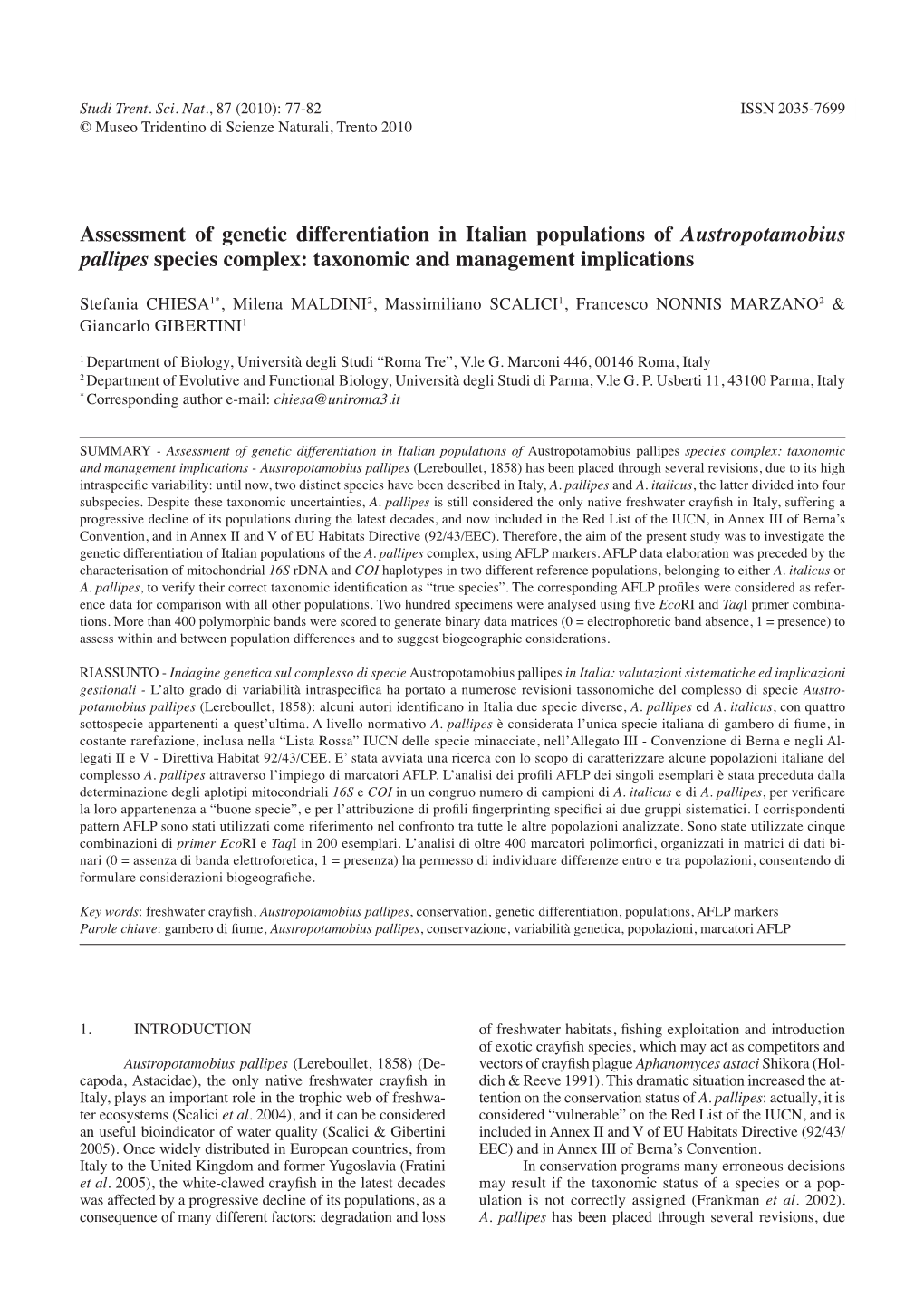 Assessment of Genetic Differentiation in Italian Populations of Austropotamobius Pallipes Species Complex: Taxonomic and Management Implications