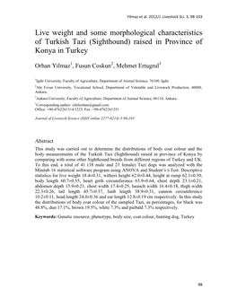Live Weight and Some Morphological Characteristics of Turkish Tazi (Sighthound) Raised in Province of Konya in Turkey