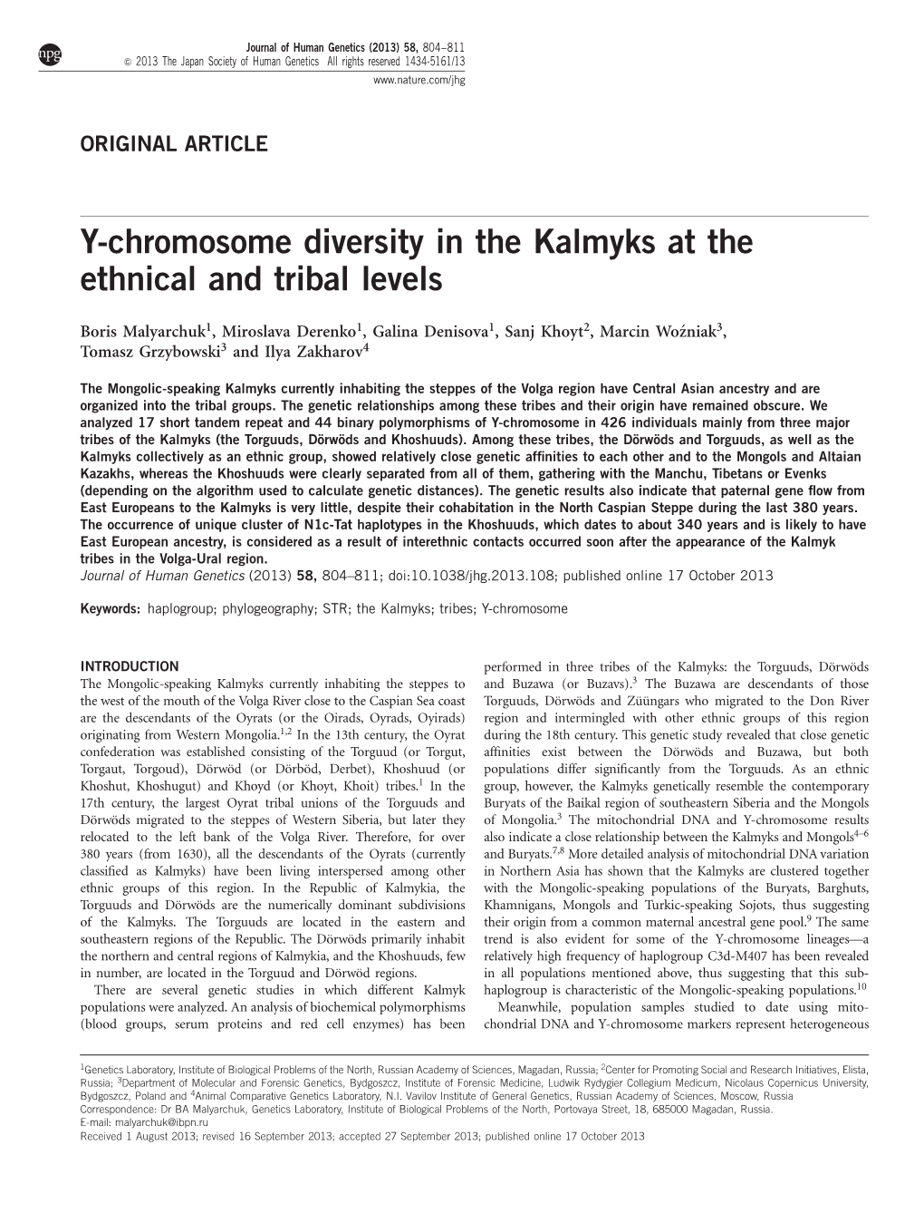 Y-Chromosome Diversity in the Kalmyks at the Ethnical and Tribal Levels