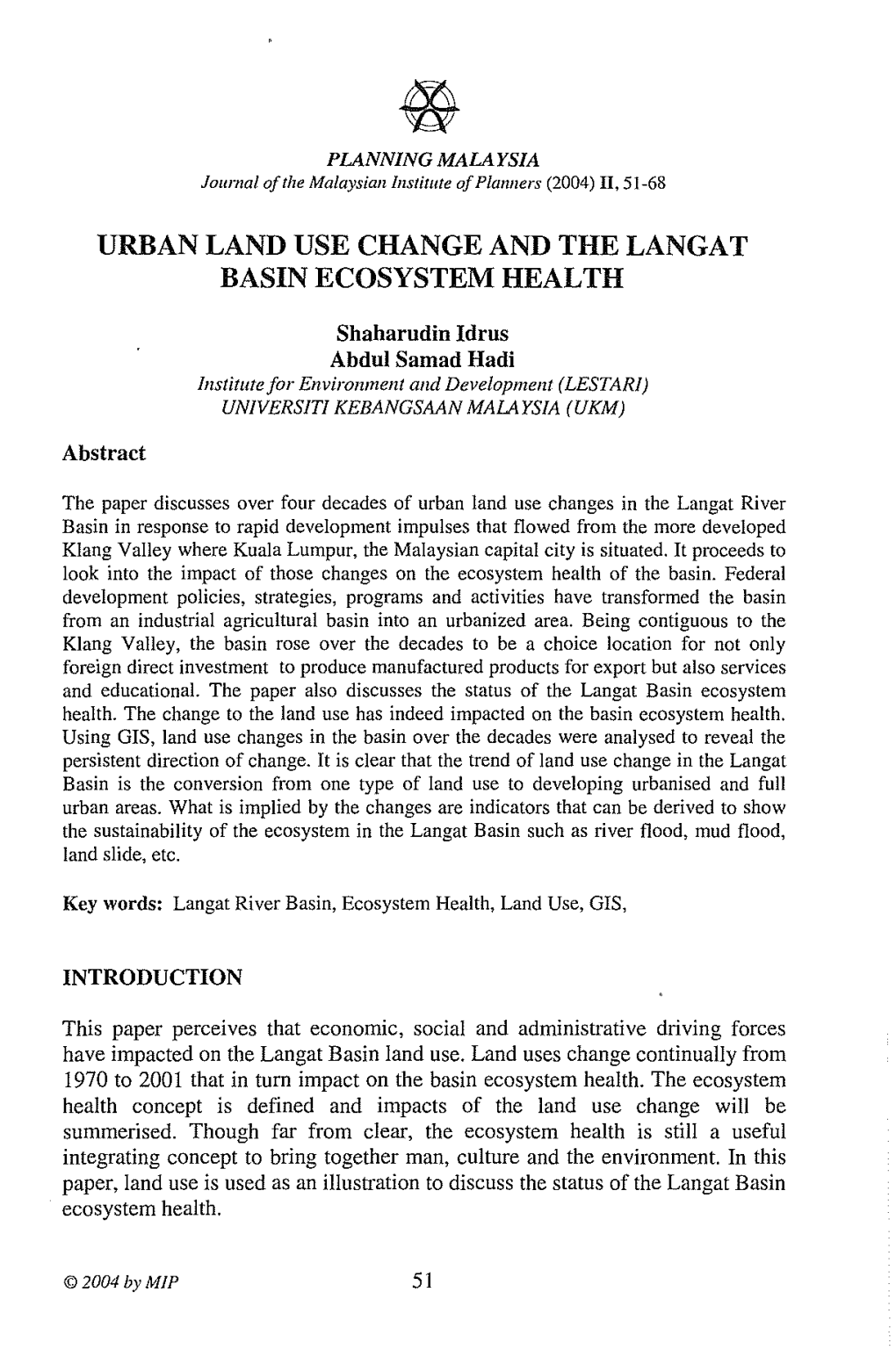 Urban Land Use Change and the Langat Basin Ecosystem Health