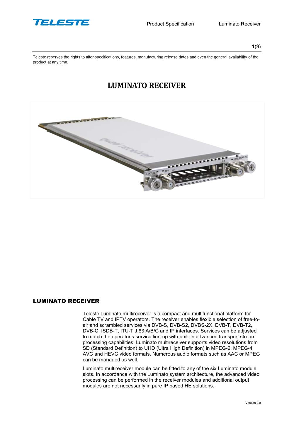 Product Specification Luminato Receiver