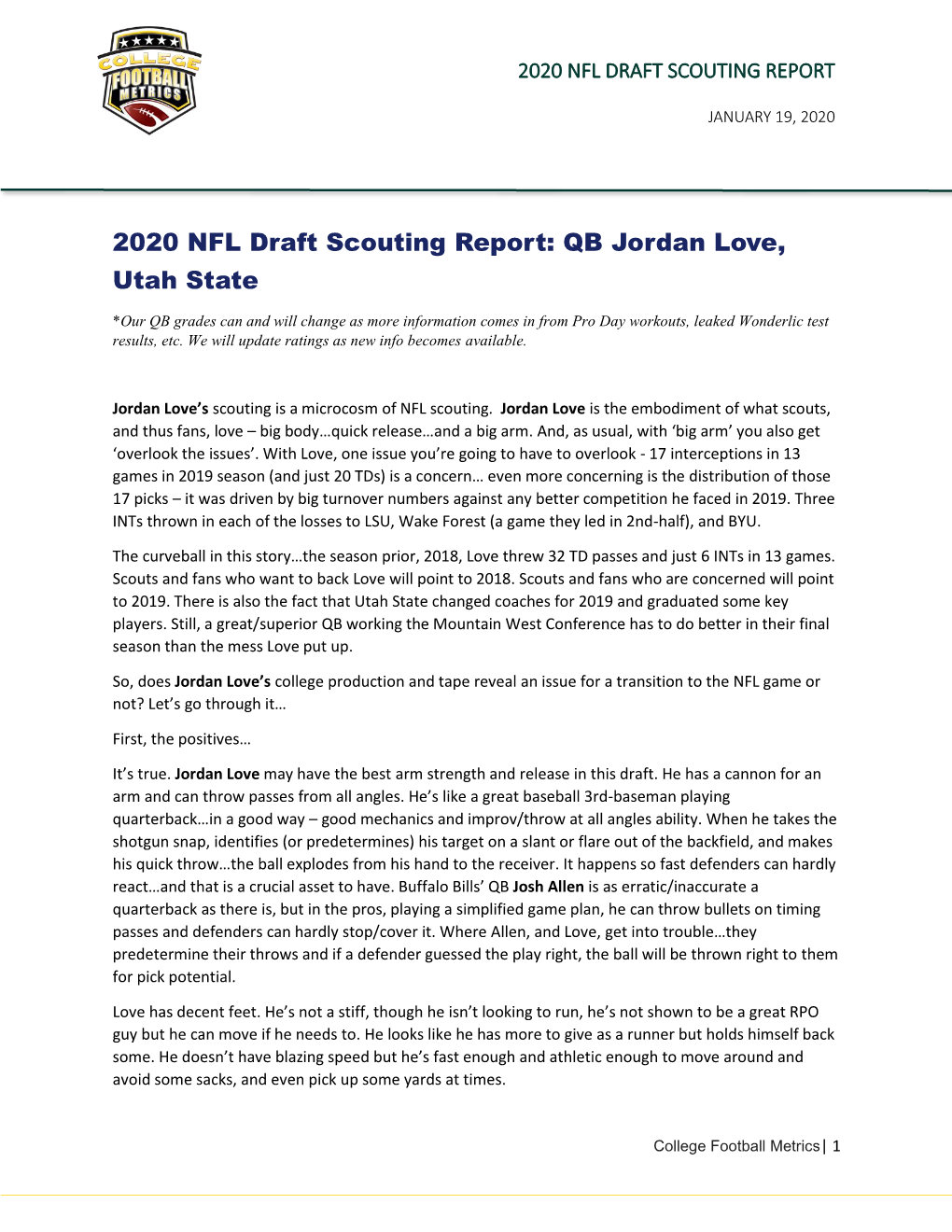 2020 NFL Draft Scouting Report: QB Jordan Love, Utah State