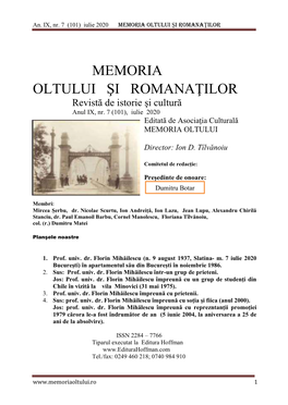 Revista Memoria Oltului Si Romanatilor Nr. 101/Iulie 2020