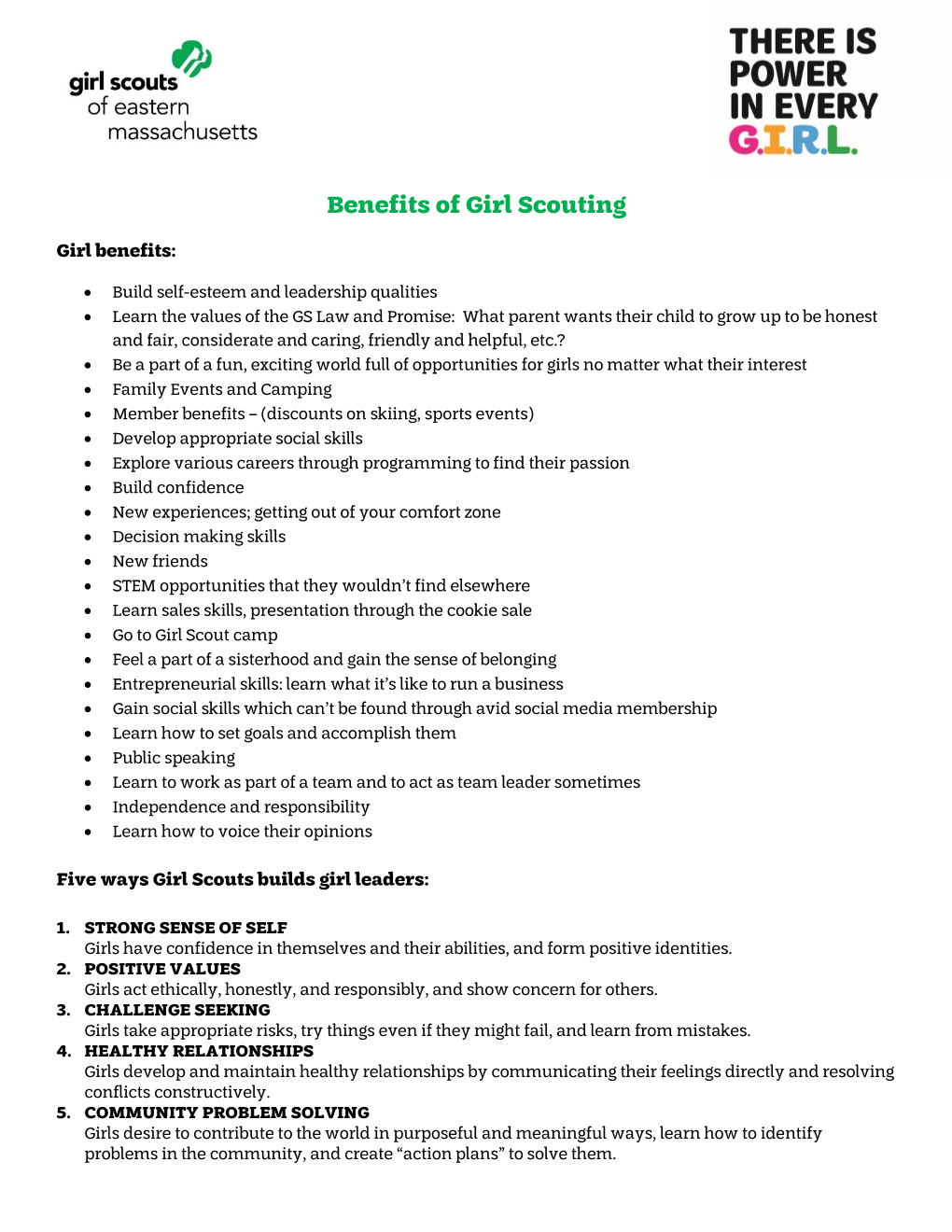 Benefits of Girl Scouting