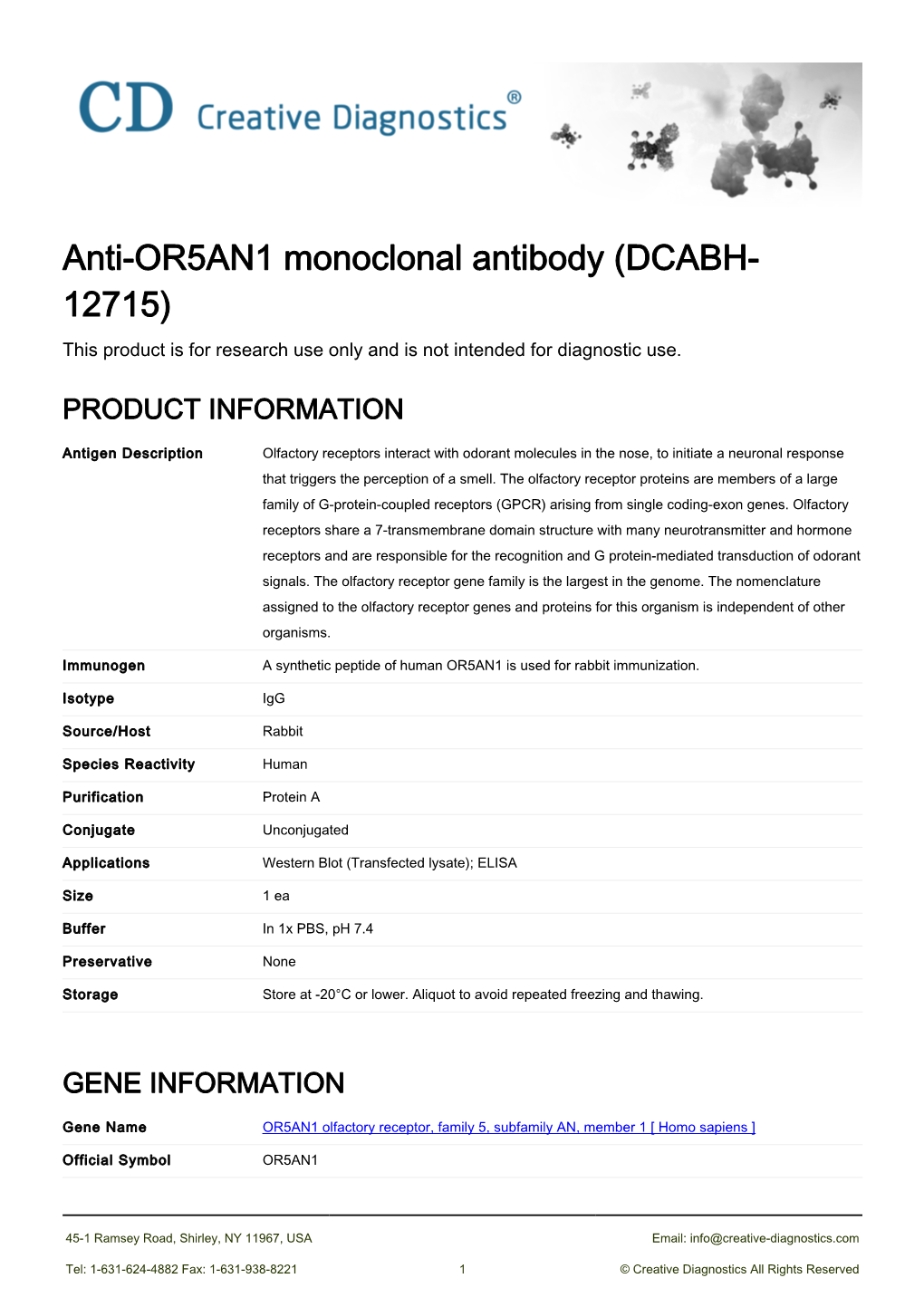 Anti-OR5AN1 Monoclonal Antibody (DCABH- 12715) This Product Is for Research Use Only and Is Not Intended for Diagnostic Use