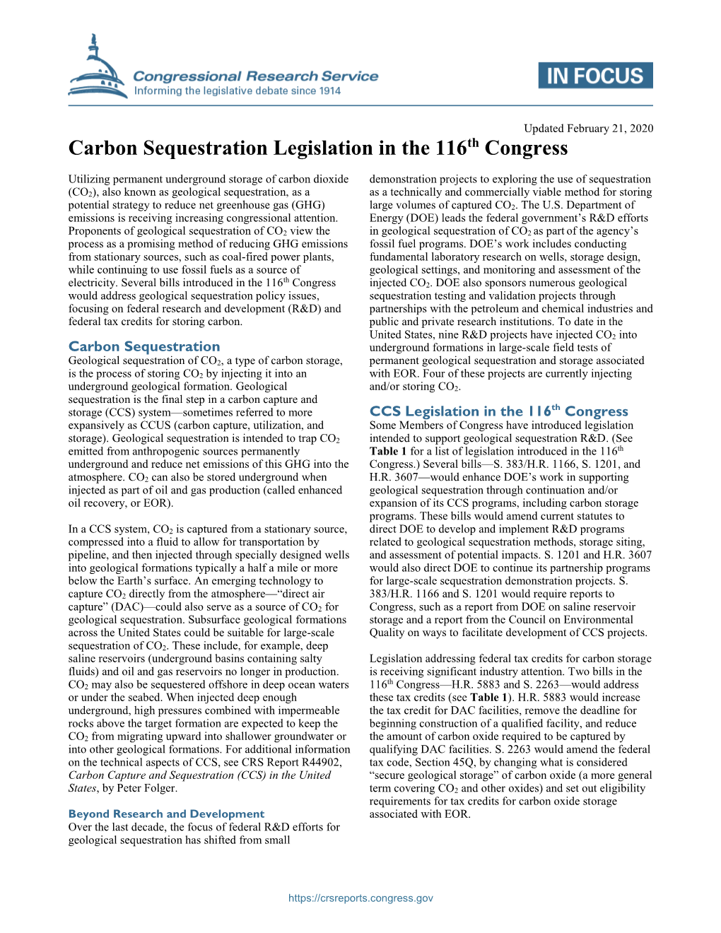 Carbon Sequestration Legislation in the 116Th Congress