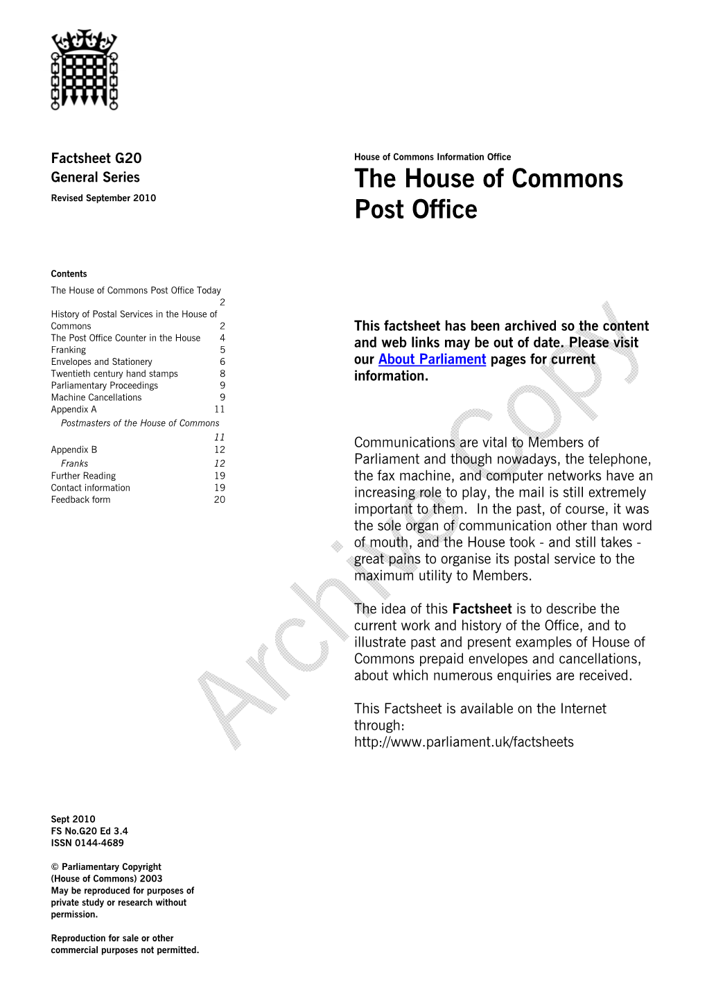 House of Commons Post Office Factsheet