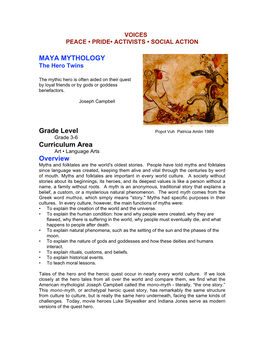 MAYA MYTHOLOGY Grade Level Curriculum Area Overview