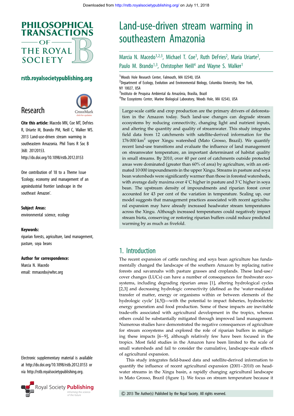 Land-Use-Driven Stream Warming in Southeastern Amazonia