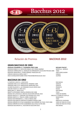 Relación De Premios – BACCHUS 2012