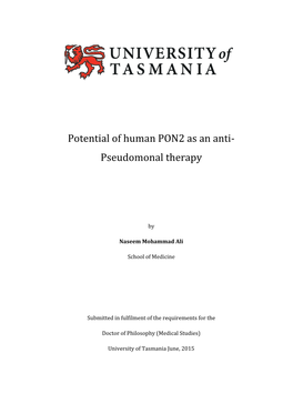 Potential of Human PON2 As an Anti- Pseudomonal Therapy