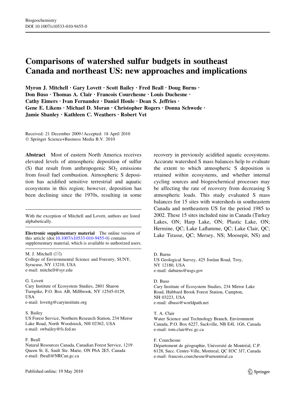 Comparisons of Watershed Sulfur Budgets in Southeast Canada and Northeast US: New Approaches and Implications