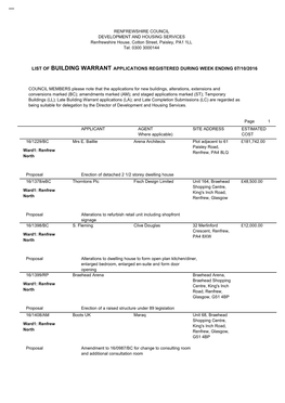 List of Building Warrant Applications Registered During Week Ending 07/10/2016