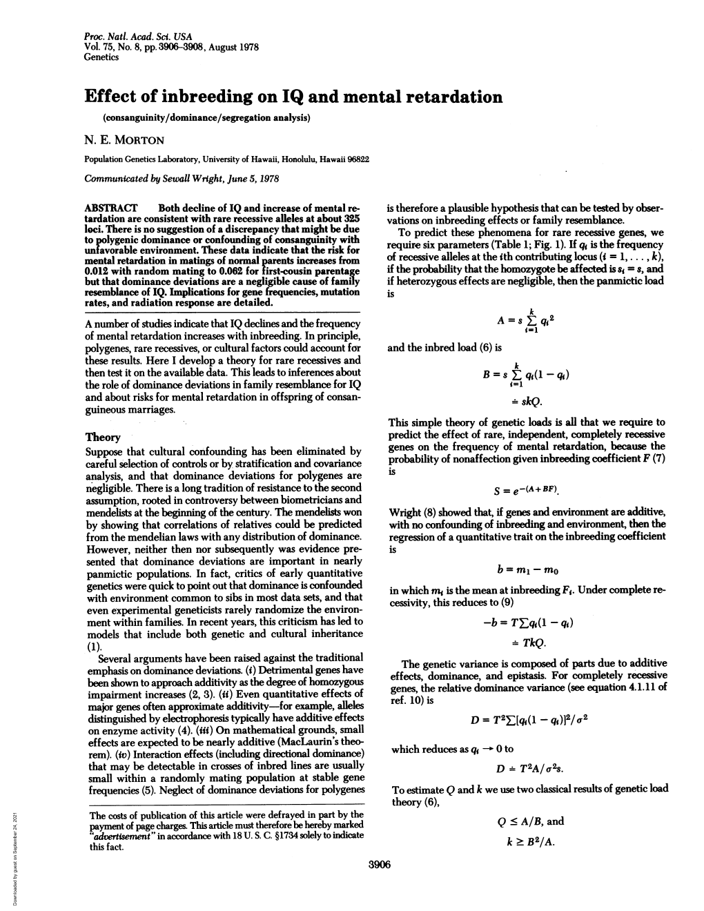 Effect of Inbreeding on IQ and Mental Retardation (Consanguinity/Dominance/Segregation Analysis) N