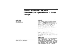 Game Controllers: a Critical Discussion of Input Devices in Game Design