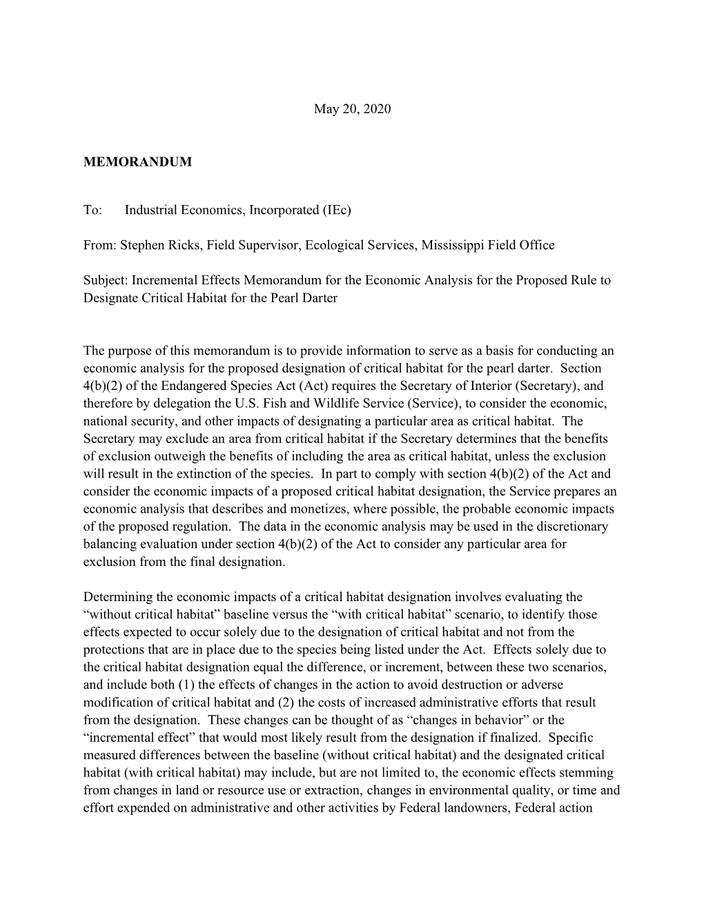 Incremental Effects Memorandum for the Economic Analysis for the Proposed Rule to Designate Critical Habitat for the Pearl Darter