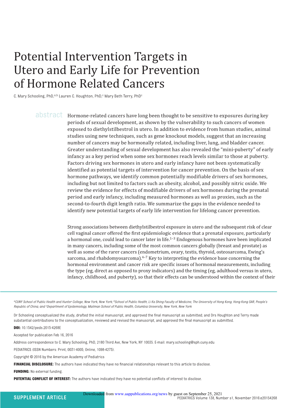 Potential Intervention Targets in Utero and Early Life for Prevention of Hormone Related Cancers C