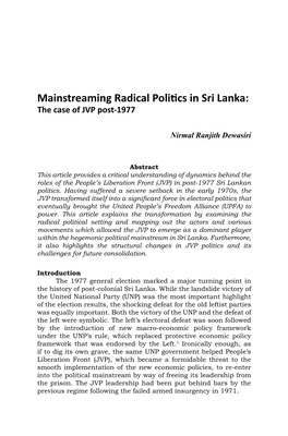 Mainstreaming Radical Politics in Sri Lanka: the Case of JVP Post-1977