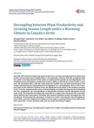 Decoupling Between Plant Productivity and Growing Season Length Under a Warming Climate in Canada’S Arctic
